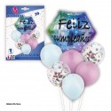 Set de ballons joyeux anniversaire hexagone rose et blanc