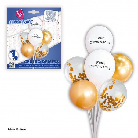 Ballons joyeux anniversaire sertis de confettis en or blanc