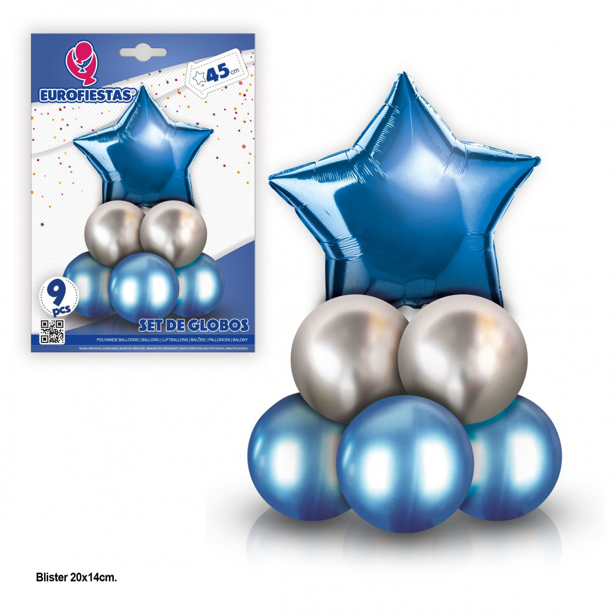 8 ballons chrome avec étoile en polyamide bleu
