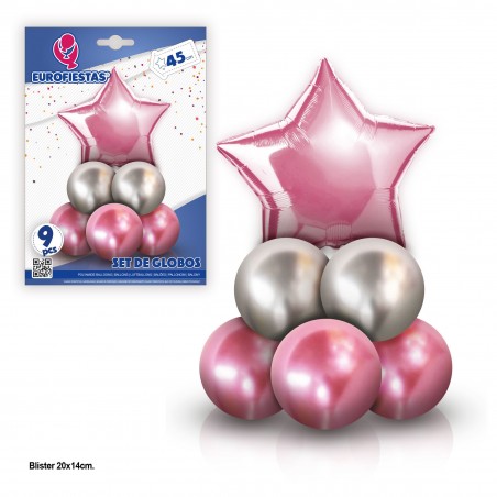Lot de 8 ballons chromés avec étoile en polyamide rose