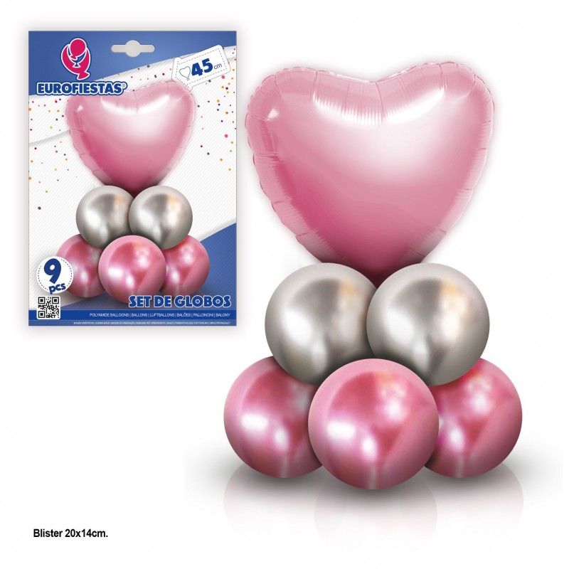 Set de 8 ballons chrome avec cœur en polyamide rose