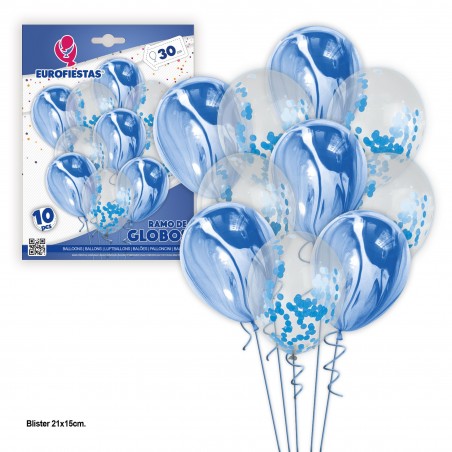 Set 10 Ballons Marbre Et Confettis Bleu