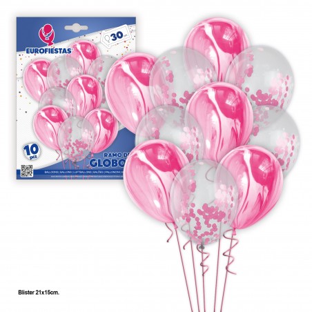 Set 10 ballons en marbre et confettis rose