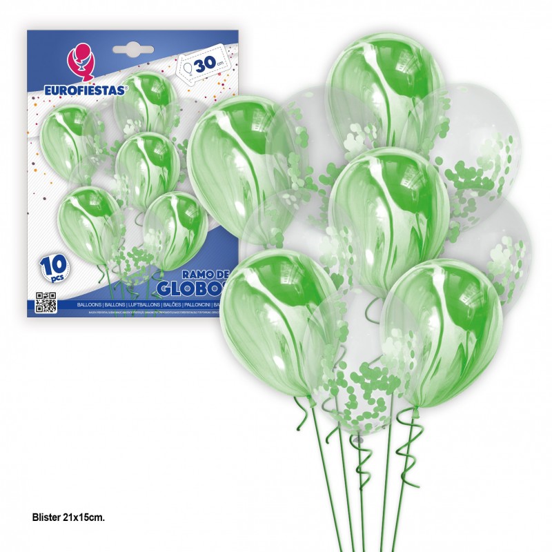 Ensemble de 10 ballons marbrés et confettis verts