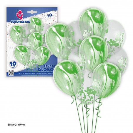 Ensemble de 10 ballons marbrés et confettis verts