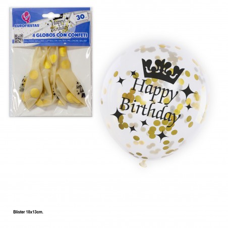 Ballon transparent confettis dorés 4 joyeux anniversaire