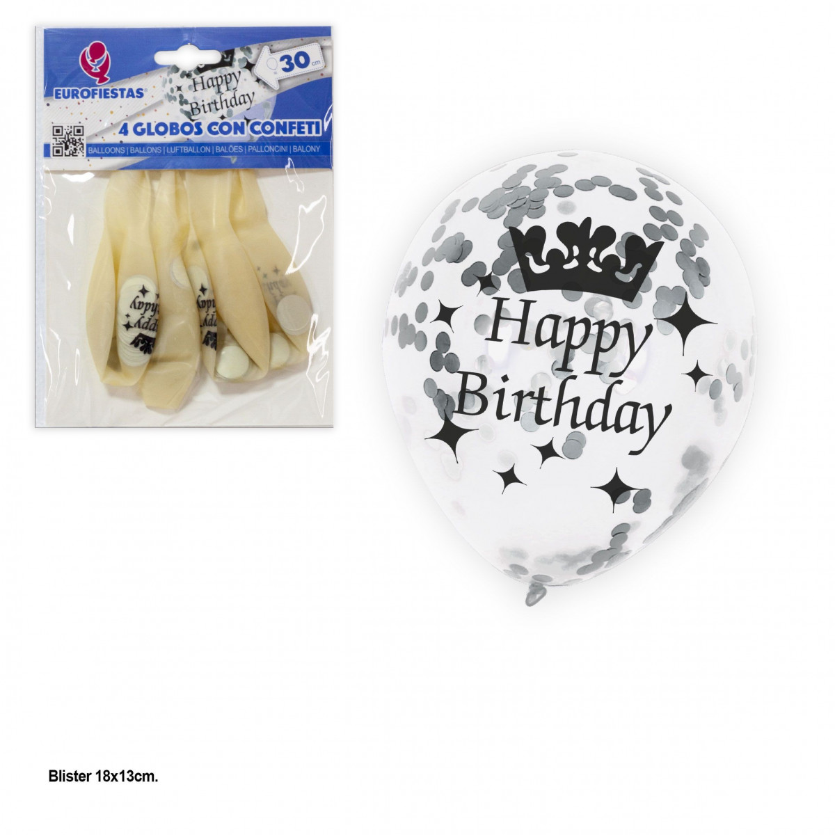 Ballon transparent confettis argentés 4 joyeux anniversaire