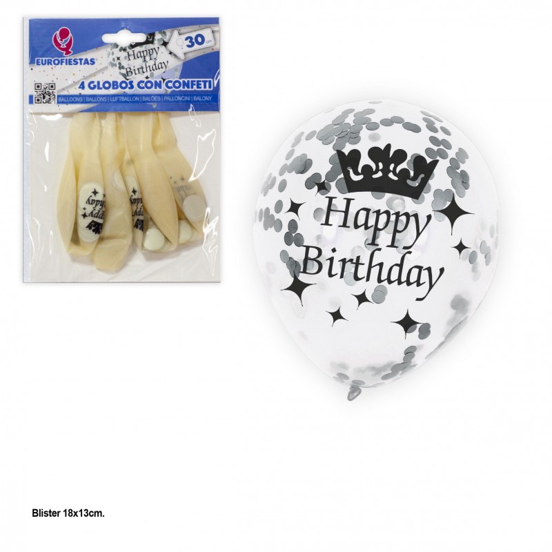 Ballon transparent confetti argent 4 joyeux anniversaire