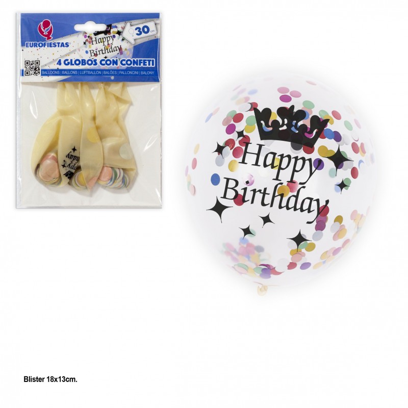 Ballon transparent confettis couleurs 4 joyeux anniversaire
