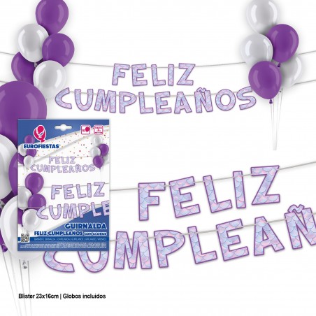 Guirlande de joyeux anniversaire sirène violette avec ballons
