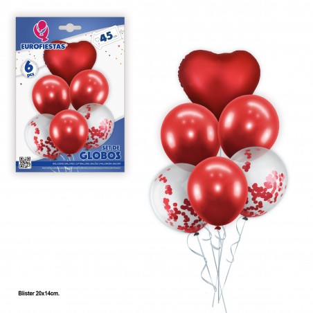 Ensemble ballons en latex rouges et confettis rouges avec coeur rouge polyamide