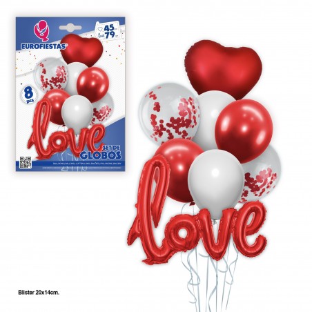 Ensemble ballons en latex blanc et rouge et confettis rouges avec coeur rouge et love polyamide