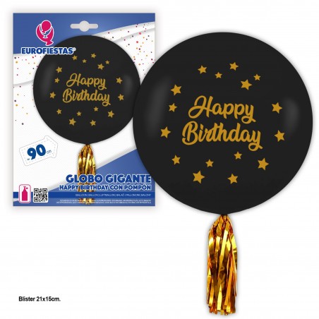 Ballon en latex géant noir avec pompon joyeux anniversaire étoiles