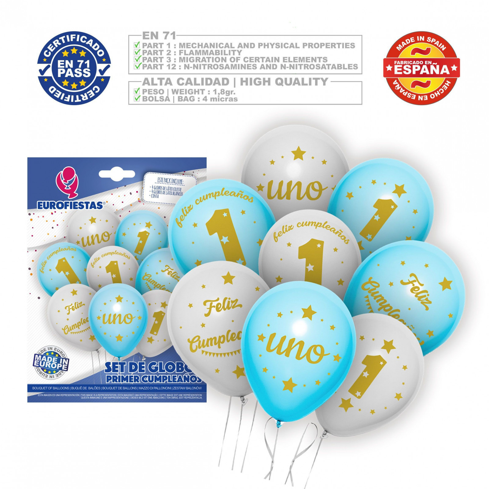 Ballons premier anniversaire ciel et blanc