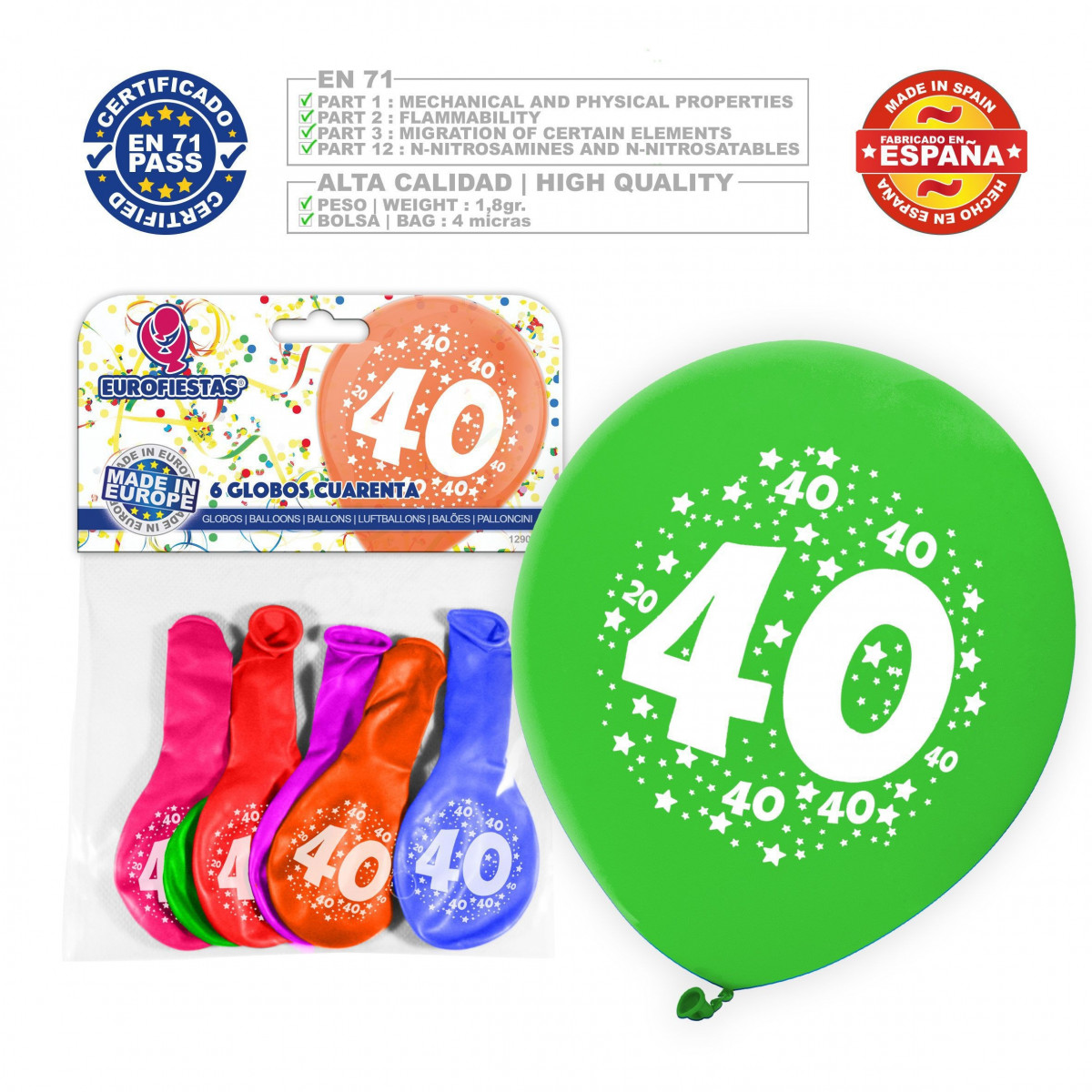 Ballons de couleurs assorties 9r numéro 40 imprimé 6 unités