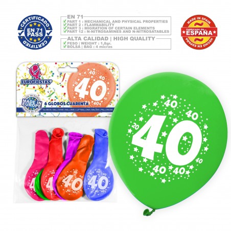 Ballons de couleurs assorties 9r numéro 40 imprimé 6 unités