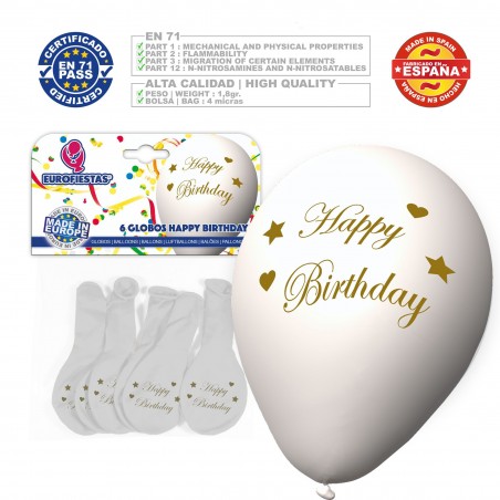 Ballon couleurs assorties 9r happy birthday or imprimé 6 unités