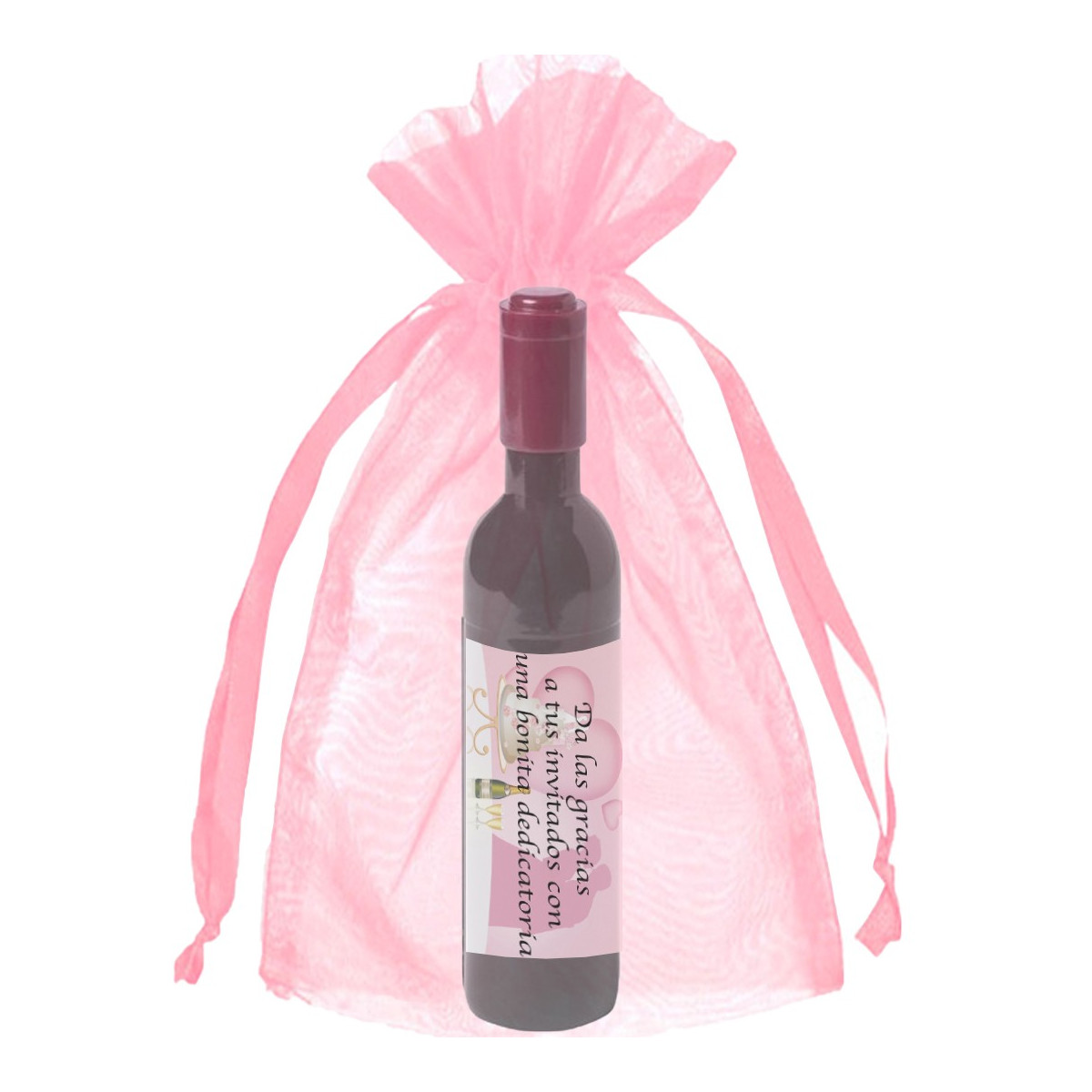 Tire-bouchon personnalisé avec autocollant dans un sac en organza rose