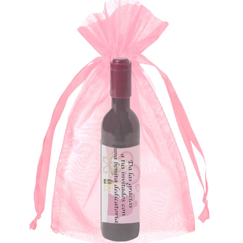 Tire-bouchon personnalisé avec autocollant dans un sac en organza rose