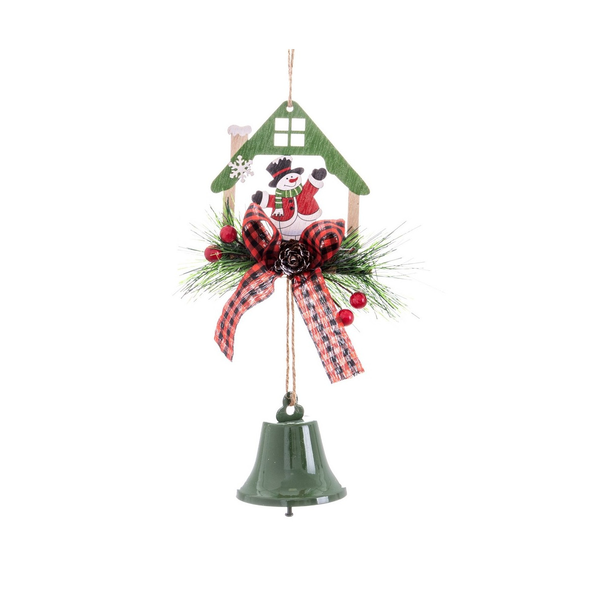 Pendentif maison avec cloche en bois 9 x 6.50 x 35 cm