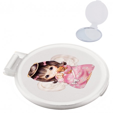 Miroir blanc avec autocollant petite fille ange dans un sac en organza beige
