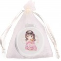 Miroir blanc avec autocollant petite fille ange dans un sac en organza beige