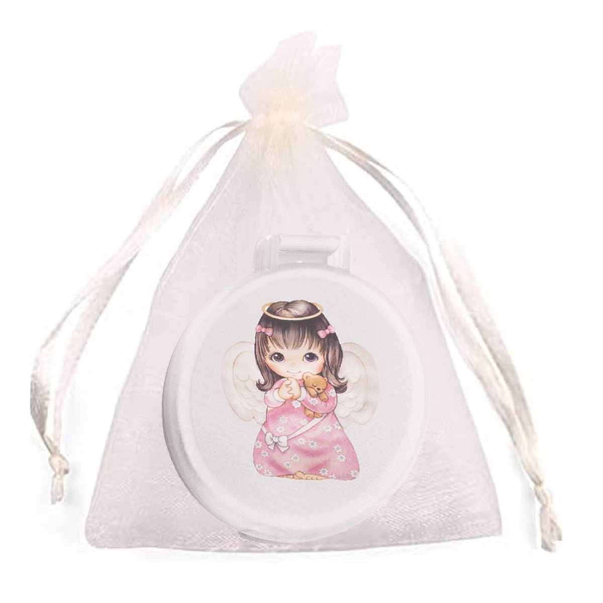 Miroir blanc avec autocollant petite fille ange dans un sac en organza beige