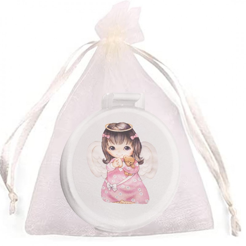 Miroir blanc avec autocollant petite fille ange dans un sac en organza beige
