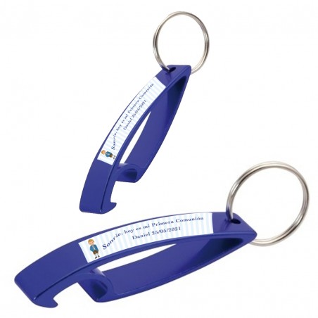 Porte-clés décapsuleur bleu personnalisé avec autocollant garçon de communion