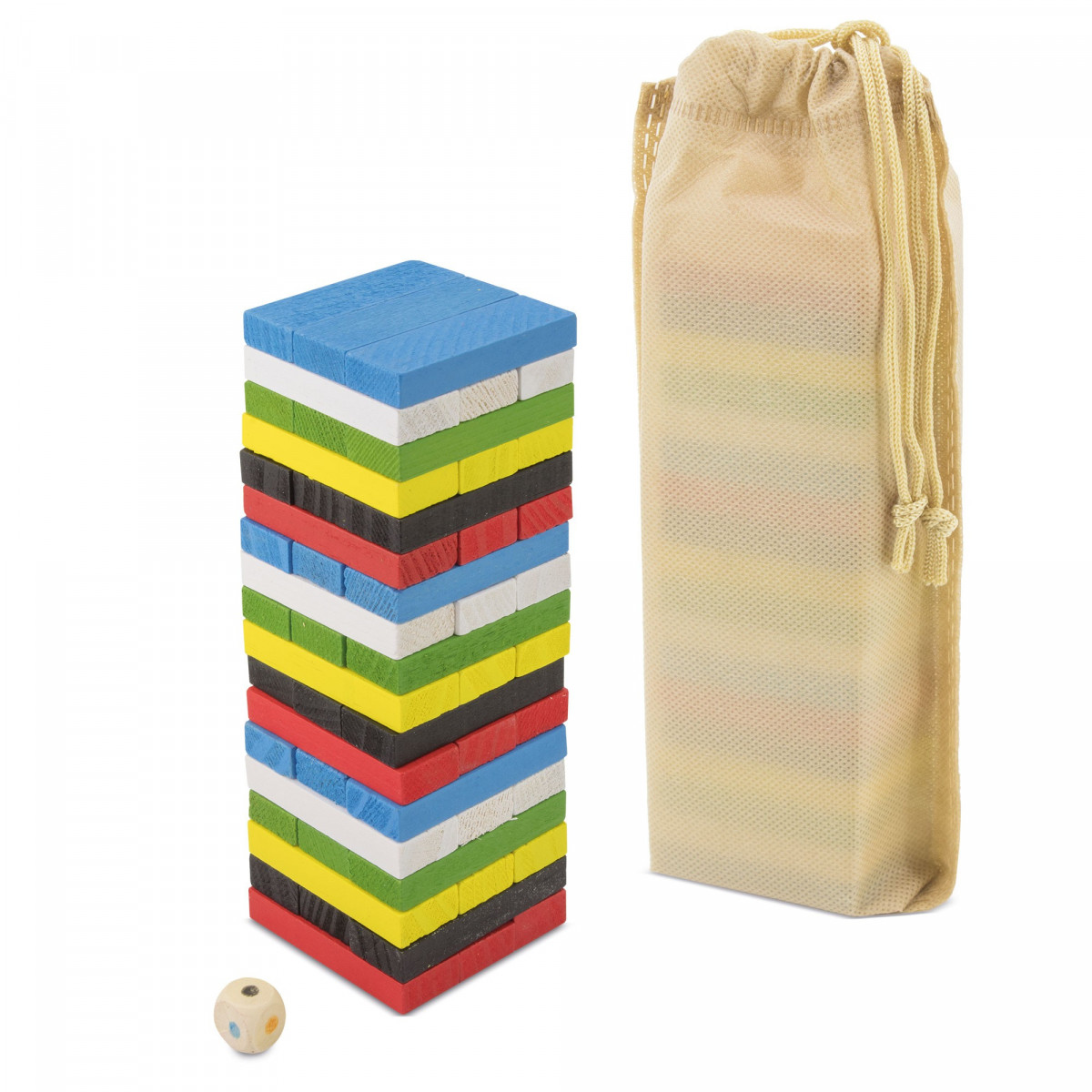 Jeu d\'adresse en bois coloré avec dés et sac de transport