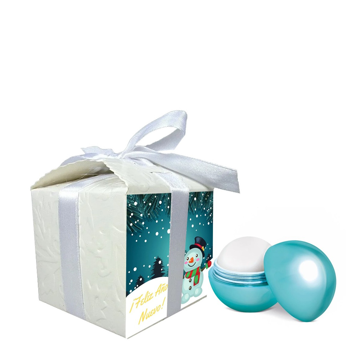 Baume à lèvres présenté dans une boîte cadeau avec un autocollant de Noël