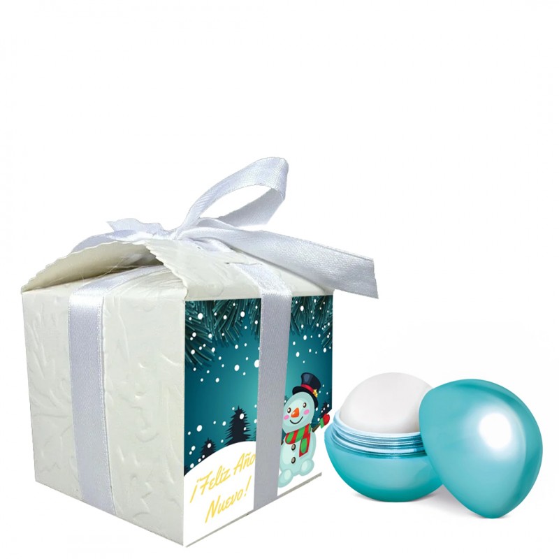 Baume à lèvres présenté dans une boîte cadeau avec un autocollant de Noël