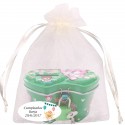 Tirelire pour enfant assortie en couleurs dans un sac en organza beige personnalisé avec autocollant