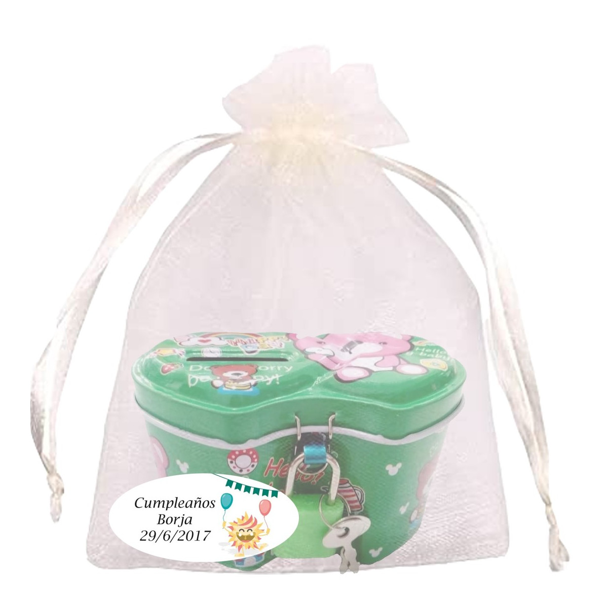 Tirelire pour enfant assortie en couleurs dans un sac en organza beige personnalisé avec autocollant