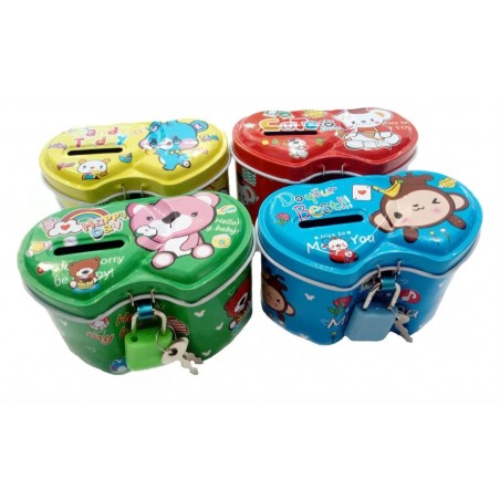 Tirelire pour enfant assortie en couleurs dans un sac en organza beige personnalisé avec autocollant
