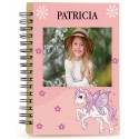 Cahier licorne rose personnalisé avec nom et photo en couleur
