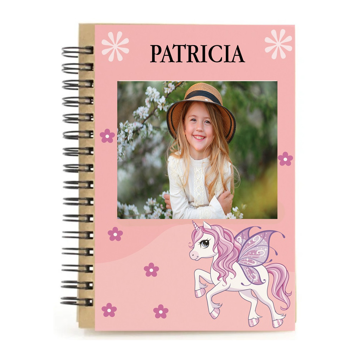 Cahier licorne rose personnalisé avec nom et photo en couleur