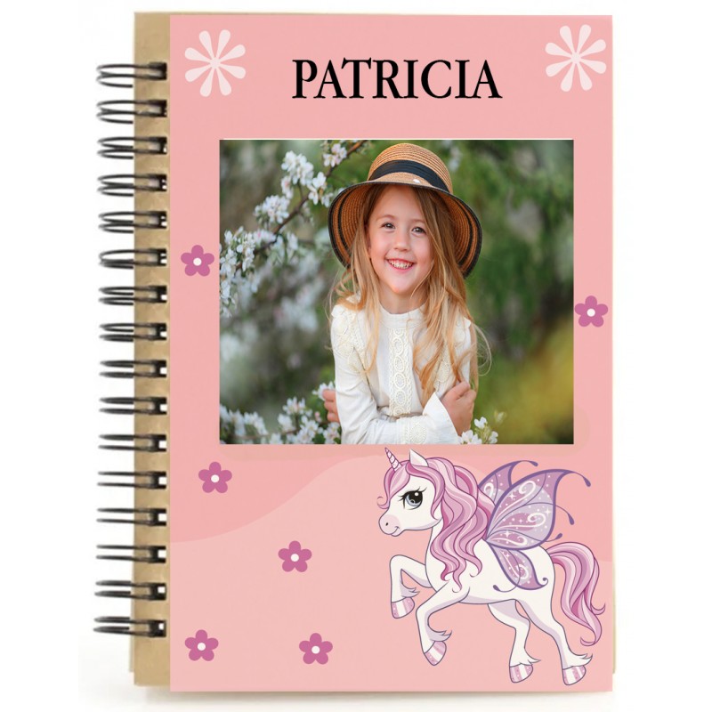 Cahier licorne rose personnalisé avec nom et photo en couleur