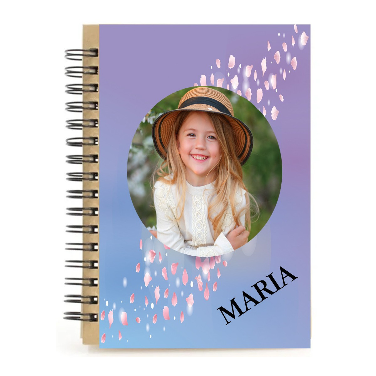 Cahier personnalisé avec des pétales de fleurs, nom et photo en couleur
