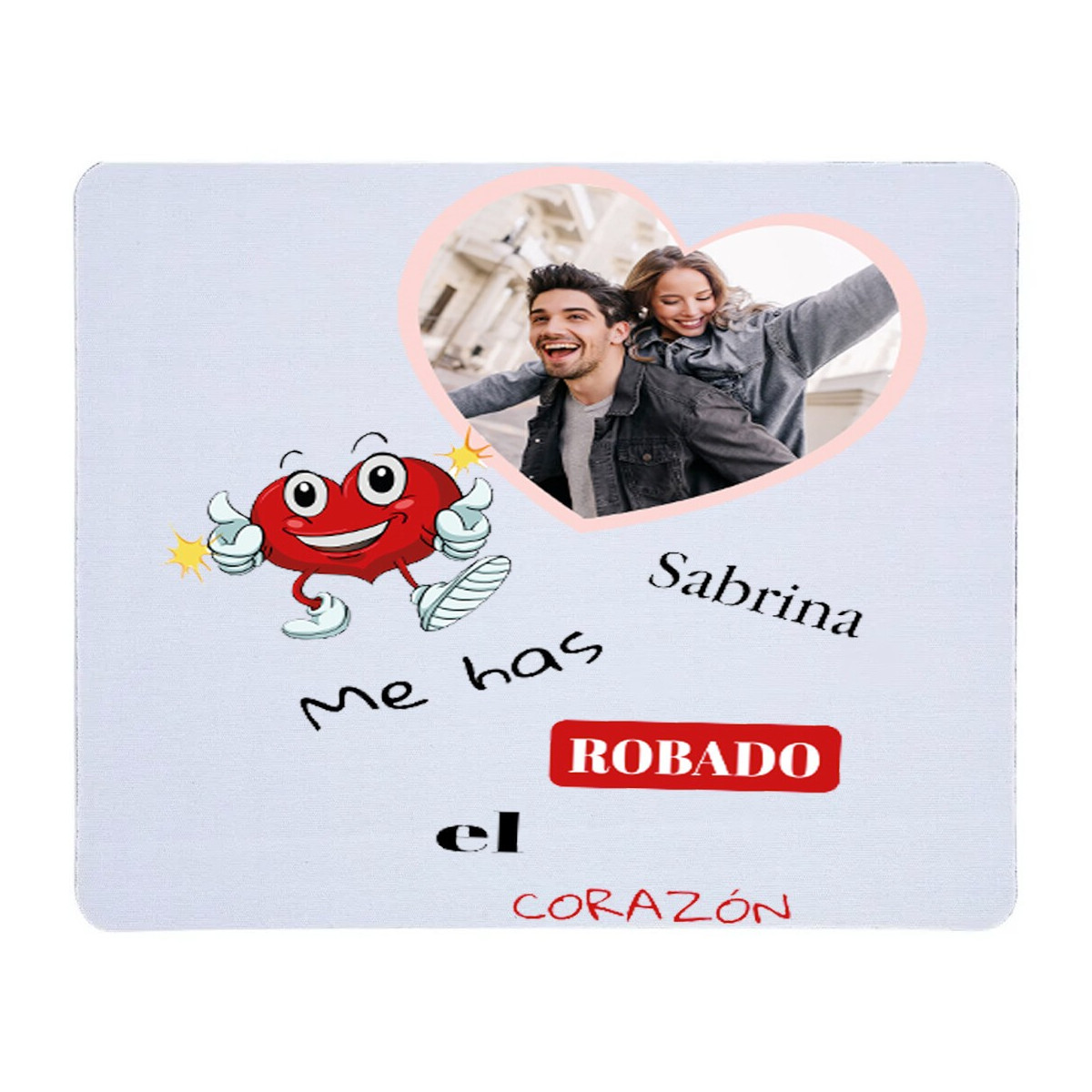 Tapis de souris blanc "Tu as volé mon cœur", personnalisé avec nom et photo en couleur.