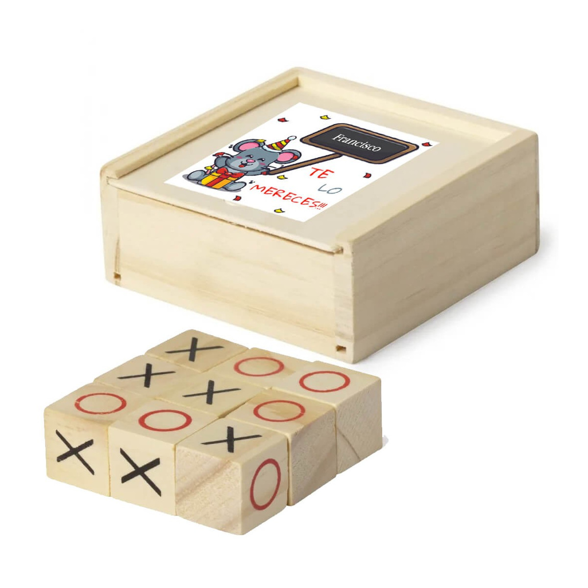 Jeu de morpion dans une boîte en bois, personnalisé avec un autocollant nominatif. Vous le méritez bien.