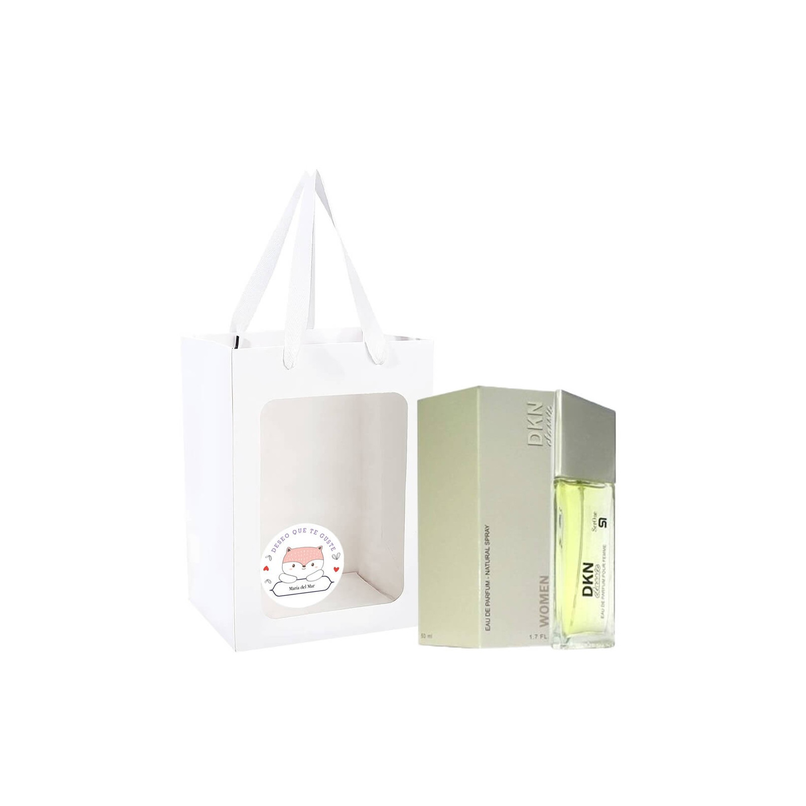 Parfum pour femme présenté dans un sac avec une fenêtre personnalisée avec un adhésif wish you like et name