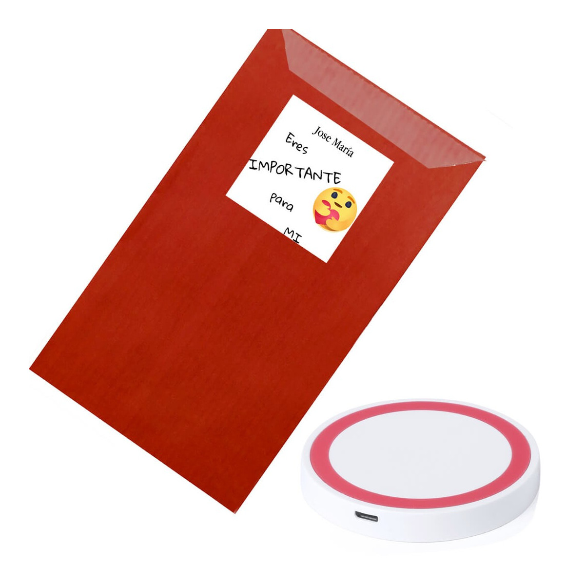 Chargeur sans fil dans une enveloppe kraft rouge personnalisée avec un autocollant « Tu es important pour moi ».