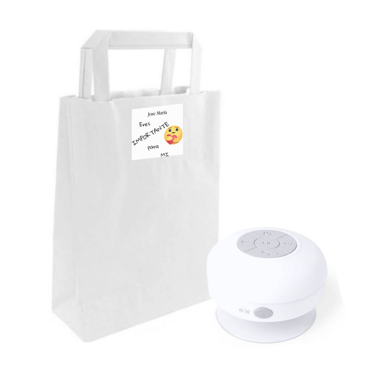 Enceinte Bluetooth étanche dans un sac kraft personnalisé avec un autocollant. Tu es important pour moi.