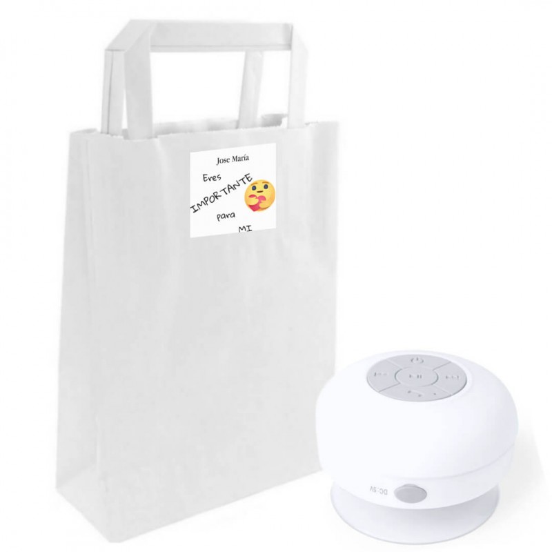 Enceinte Bluetooth étanche dans un sac kraft personnalisé avec un autocollant. Tu es important pour moi.