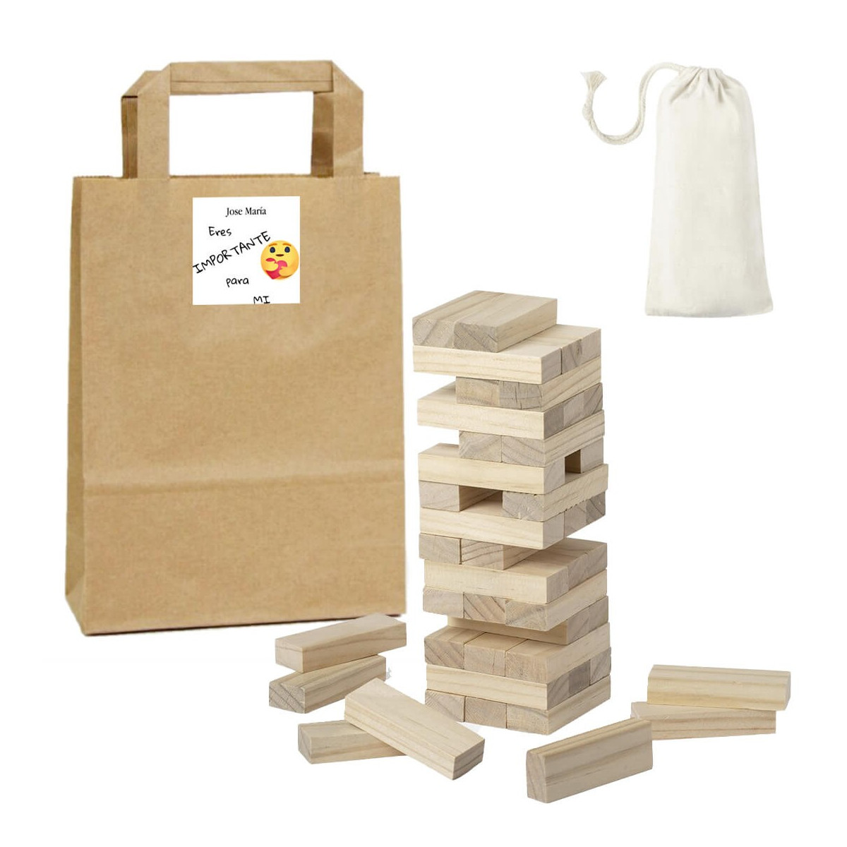Jeu Jenga présenté dans un sac kraft personnalisé avec un autocollant "Tu es important pour moi".