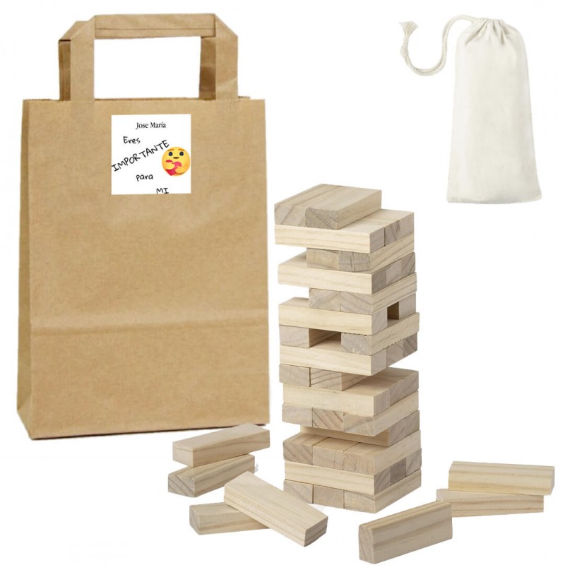 Jeu Jenga présenté dans un sac kraft personnalisé avec un autocollant "Tu es important pour moi".