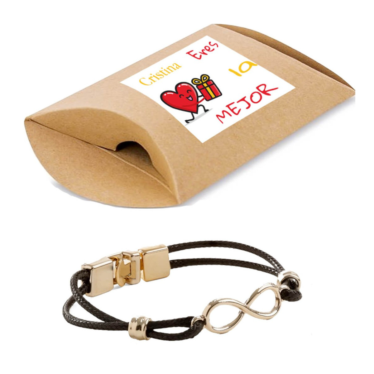 Bracelet infini dans une boîte kraft personnalisée avec un autocollant nominatif : « Tu es le meilleur. »