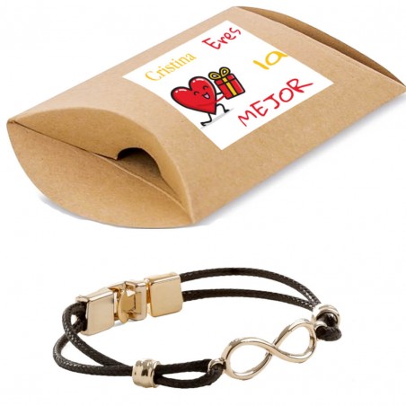 Bracelet infini dans une boîte kraft personnalisée avec un autocollant nominatif : « Tu es le meilleur. »