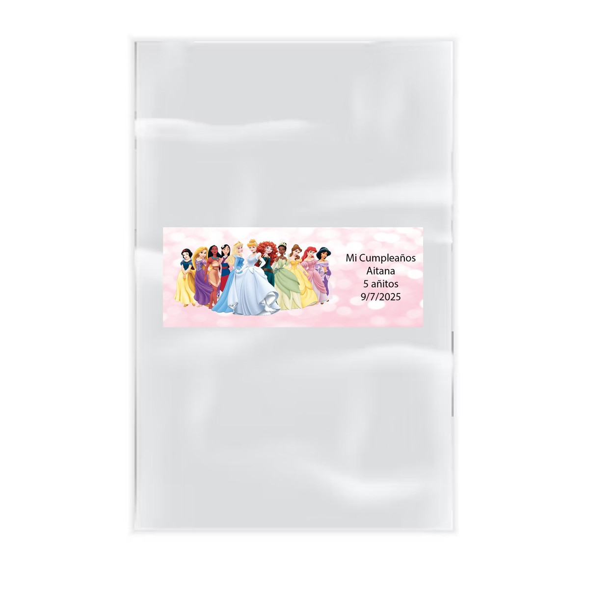Pack 20 sacs transparents avec adhésif personnalisé avec texte et nom princesses disney